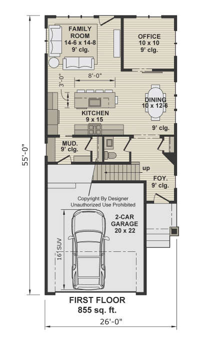 Main Floor: 0 Bed, 1 Bath, Family, Office, Kitchen, Dining, Foyer, Mud room, 2-car garage, stairs, 9' ceilings. House Plan # 098-00703 Main Floor  Floor Plan Drawing by America's Best House Plans, Inc.