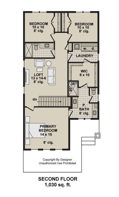 Second Floor: 3BR, 2BA, Loft, Ldry, WIC. 8' ceilings throughout. Stairs. House Plan # 098-00703 Second Floor Floor Plan Drawing by America's Best House Plans, Inc.
