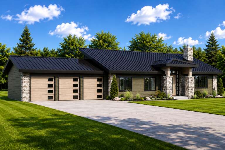 Olive Green Craftsman, Angled Front Elevation, metal roof, stone accents, wood garage doors, concrete drive, landscaping. House Plan # 5032-00487 Digital Rendering by America's Best House Plans, Inc.