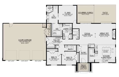 Main Floor: 3BR, 2BA, Great Rm, Kitchen, Dining, Mud Rm, Ldry, 3-car garage, WIC, Fireplace, Covered Porch, Patio, Sloped Ceilings. House Plan # 5032-00487 Main Floor  Floor Plan Drawing by America's Best House Plans, Inc.