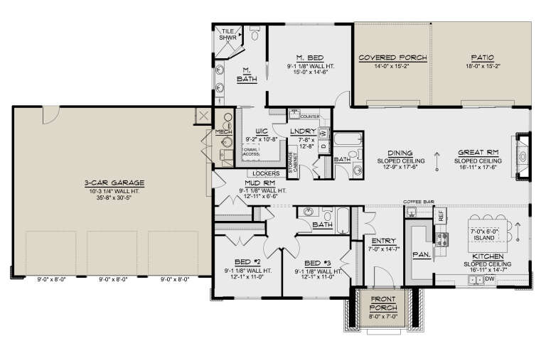 Main Floor: 3BR, 2BA, Great Rm, Kitchen, Dining, Mud Rm, Ldry, 3-car garage, WIC, Fireplace, Covered Porch, Patio, Sloped Ceilings. House Plan # 5032-00487 Main Floor  Floor Plan Drawing by America's Best House Plans, Inc.