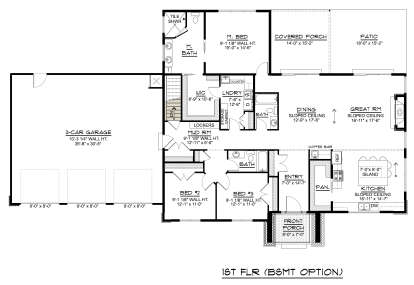 Main Floor w/ Basement Stairs: 3BR, 2.5BA, Great Rm, Kitchen, Dining, Mud, Ldry, WIC, 3-car garage, Porch, Covered Porch, Patio. House Plan # 5032-00487 Main Floor w/ Basement Stairs Location Floor Plan Drawing by America's Best House Plans, Inc.