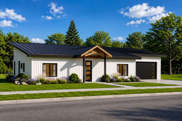 White Contemporary, Angled Front Elevation, vertical siding, black metal roof, wood gable accent, and manicured landscaping. House Plan # 5032-00488 Digital Rendering by America's Best House Plans, Inc.