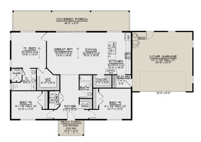 Main Floor: 3BR, 2BA, Great Rm, Dining, Kitchen, Pantry, Ldry, Mud Rm, 2-car garage, 2 porches. Sloped ceilings. House Plan # 5032-00488 Main Floor  Floor Plan Drawing by America's Best House Plans, Inc.