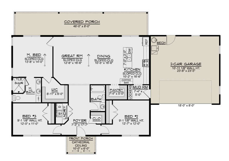 Main Floor: 3BR, 2BA, Great Rm, Dining, Kitchen, Pantry, Ldry, Mud Rm, 2-car garage, 2 porches. Sloped ceilings. House Plan # 5032-00488 Main Floor  Floor Plan Drawing by America's Best House Plans, Inc.