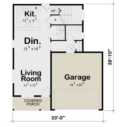 Main Floor: 0 Bed, 1 Bath, Kitchen, Dining, Living, Pantry, 2-car Garage, Stairs, Covered Porch. Unheated: Garage, Porch. House Plan # 402-01928 Main Floor  Floor Plan Drawing by America's Best House Plans, Inc.