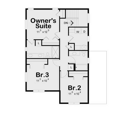 Second Floor: 3BR, 2BA, Owner's Suite with private bath, hall bath, Ldry closet, stairs, linen closets. House Plan # 402-01928 Second Floor Floor Plan Drawing by America's Best House Plans, Inc.