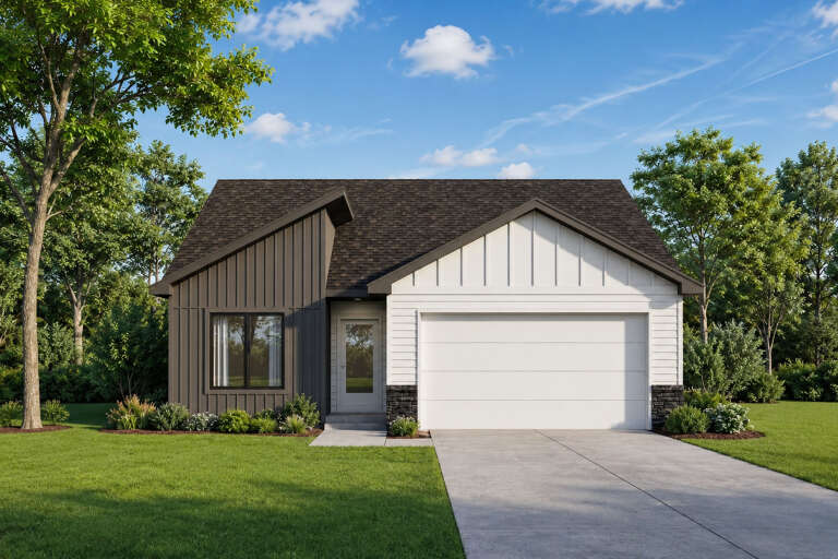 Grey and White Contemporary Front Elevation, board-and-batten siding, stone accents, concrete driveway, lush landscaping. House Plan # 402-01929 Digital Rendering by America's Best House Plans, Inc.