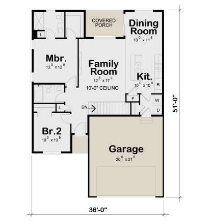 Main Floor: 2BR, 2BA, Family Room (10' ceiling), Kitchen, Dining, Ldry, 2-car garage, stairs, covered porch. Unheated: garage. House Plan # 402-01929 Main Floor  Floor Plan Drawing by America's Best House Plans, Inc.