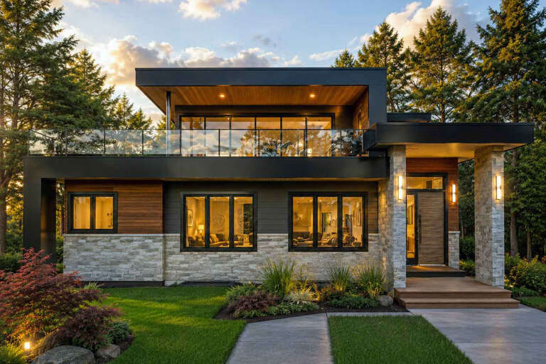 Black Modern, Front Elevation, stone and wood siding, glass balcony, warm recessed lighting, lush landscaping, deck. House Plan # 5984-00074 Digital Rendering by America's Best House Plans, Inc.