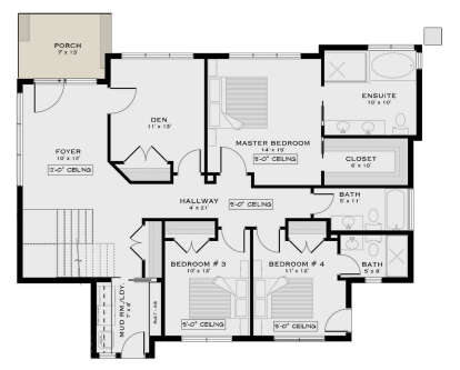 Main Floor: 3BR, 2BA, Den, Foyer, Mud/Ldry, WIC, stairs, porch. 12' ceiling in Foyer, 9' ceilings in bedrooms/hallway. House Plan # 5984-00074 Main Floor  Floor Plan Drawing by America's Best House Plans, Inc.