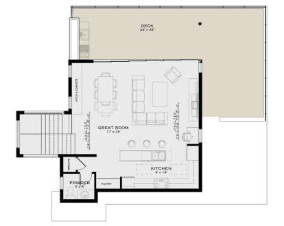 Second Floor: Vaulted Great Room, Kitchen, Pantry, Powder room, Stairs, large Deck. Unheated: deck area. House Plan # 5984-00074 Second Floor Floor Plan Drawing by America's Best House Plans, Inc.
