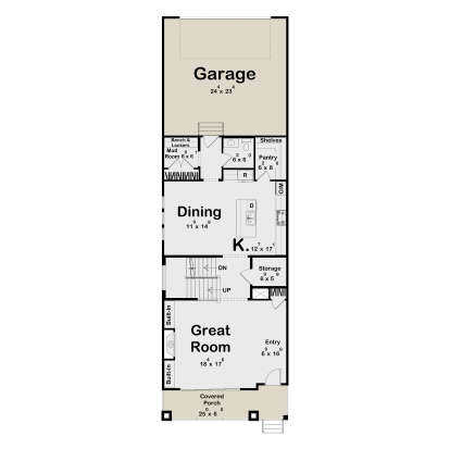 Main Floor: Great Room, Kitchen, Dining, Mud Room, Pantry, Storage, Entry, 2-car Garage, Covered Porch, Stairs, Fireplace. House Plan # 963-01331 Main Floor  Floor Plan Drawing by America's Best House Plans, Inc.