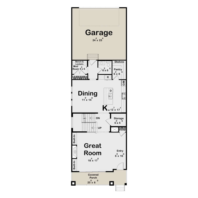 Main Floor: Great Room, Kitchen, Dining, Mud Room, Pantry, Storage, Entry, 2-car Garage, Covered Porch, Stairs, Fireplace. House Plan # 963-01331 Main Floor  Floor Plan Drawing by America's Best House Plans, Inc.