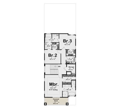 Second Floor: 3BR, 2BA, Mbr w/ 9' ceiling, Ldry, Storage, WIC, stairs, covered deck. Unheated: covered deck area. House Plan # 963-01331 Second Floor Floor Plan Drawing by America's Best House Plans, Inc.