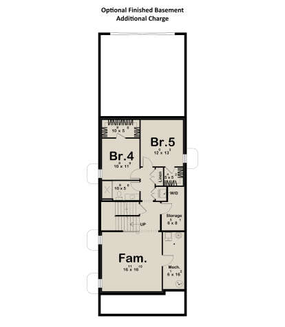 Basement: 2BR, 1BA, Family room, Mech room, Storage, W/D hookup, Linen closet, stairs. Unfinished storage area. House Plan # 963-01331 Basement Floor Plan Drawing by America's Best House Plans, Inc.