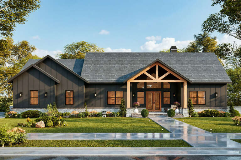 Black Modern Farmhouse, Front Elevation, board-and-batten siding, stone base, timber porch, glass doors, lush landscaping. House Plan # 699-00567 Digital Rendering by America's Best House Plans, Inc.