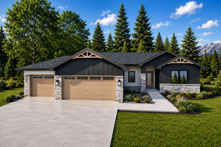 Charcoal Craftsman, Angled Front Elevation, vertical siding, stone base, wood garage doors, concrete path, lush landscape. House Plan # 4350-00003 Digital Rendering by America's Best House Plans, Inc.
