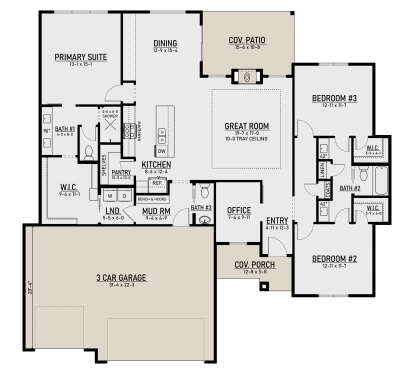 Main Floor: 3BR, 3BA, Great Room w/ tray ceiling, Kitchen, Dining, Office, Pantry, Ldry, Mud Rm, 3-car garage, Cov. Patio/Porch. House Plan # 4350-00003 Main Floor  Floor Plan Drawing by America's Best House Plans, Inc.