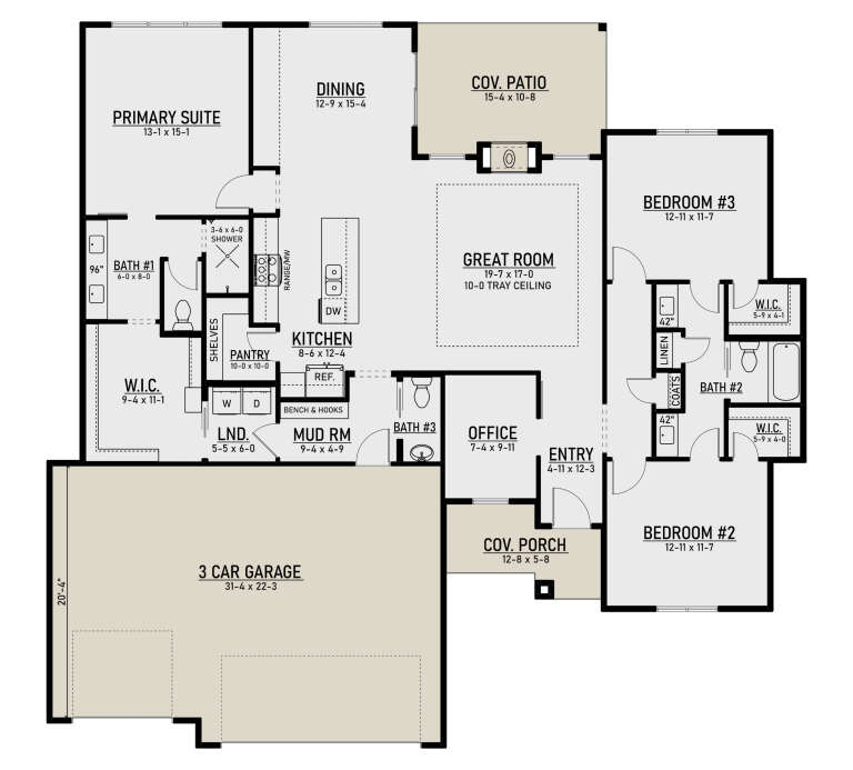 Main Floor: 3BR, 3BA, Great Room w/ tray ceiling, Kitchen, Dining, Office, Pantry, Ldry, Mud Rm, 3-car garage, Cov. Patio/Porch. House Plan # 4350-00003 Main Floor  Floor Plan Drawing by America's Best House Plans, Inc.