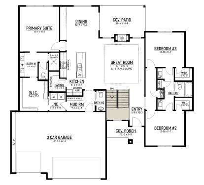 Main Floor w/ Basement Stairs: 3BR, 3BA, Great Rm w/ tray ceiling, Kitchen, Dining, Pantry, Ldry, Mud Rm, 3-car garage, Porch. House Plan # 4350-00003 Main Floor w/ Basement Stairs Location Floor Plan Drawing by America's Best House Plans, Inc.