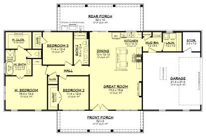 Main Floor: 3BR, 2BA, Great Room, Dining, Kitchen, Mud Rm, Ldry, 2-car Garage, Storage, 2 Porches, Elec. Fireplace, 10' clg. House Plan # 041-00458 Main Floor  Floor Plan Drawing by America's Best House Plans, Inc.