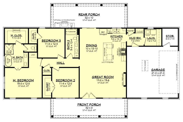 Main Floor: 3BR, 2BA, Great Room, Dining, Kitchen, Mud Rm, Ldry, 2-car Garage, Storage, 2 Porches, Elec. Fireplace, 10' clg. House Plan # 041-00458 Main Floor  Floor Plan Drawing by America's Best House Plans, Inc.