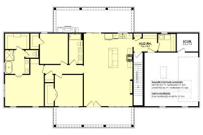 Main Floor w/ Basement Stairs: 2BR, 2BA, open kitchen/living, mud room, storage, garage, porch, deck. Unheated: garage/porch. House Plan # 041-00458 Main Floor w/ Basement Stairs Location Floor Plan Drawing by America's Best House Plans, Inc.