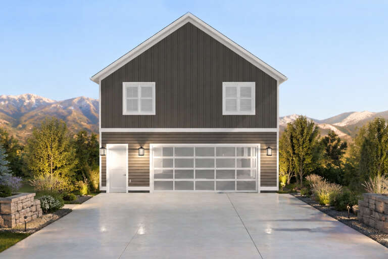 Grey Traditional Front Elevation, board-and-batten siding, glass garage door, sconce lighting, concrete drive, mountains. House Plan # 2802-00576 Digital Rendering by America's Best House Plans, Inc.