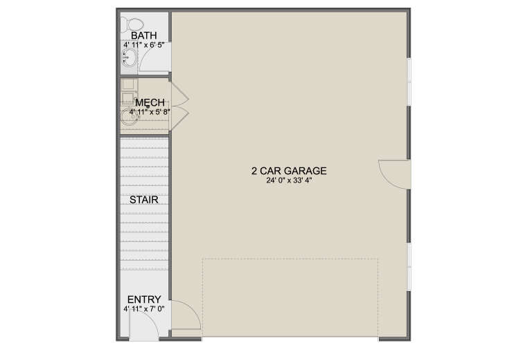 Garage Floor: 2-car garage, 1 BA, Mech room, Entry, stairs. Unheated space. House Plan # 2802-00576 Garage Floor Floor Plan Drawing by America's Best House Plans, Inc.
