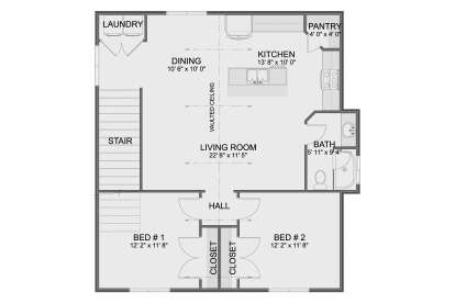 Second Floor: 2BR, 1BA, Vaulted Living, Dining, Kitchen, Pantry, Ldry, Hall, 2 Closets, Stairs. House Plan # 2802-00576 Second Floor Floor Plan Drawing by America's Best House Plans, Inc.