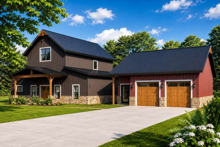 Dark Brown and Red Barndominium, Angled Front Elevation, metal siding, stone base, wood accents, concrete drive, lanterns. House Plan # 3822-00015 Digital Rendering by America's Best House Plans, Inc.