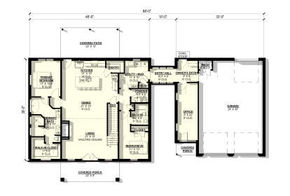 Main Floor: 2BR, 2BA, Vaulted Living, Kitchen, Dining, Office, Mud/Ldry, Pantry, WIC. 3-car garage, 2 covered porches, patio. House Plan # 3822-00015 Main Floor  Floor Plan Drawing by America's Best House Plans, Inc.