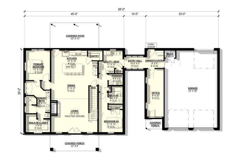 Main Floor: 2BR, 2BA, Vaulted Living, Kitchen, Dining, Office, Mud/Ldry, Pantry, WIC. 3-car garage, 2 covered porches, patio. House Plan # 3822-00015 Main Floor  Floor Plan Drawing by America's Best House Plans, Inc.