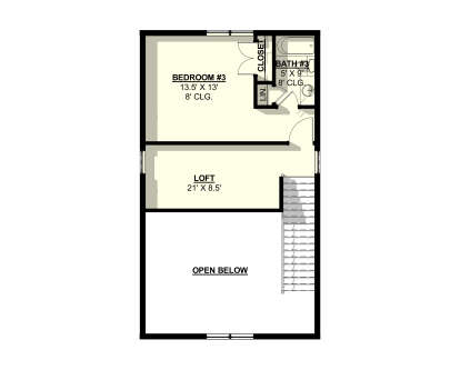 Second Floor: 1BR, 1BA, Loft, Open Below, Stairs, Closet, Linen closet. 8' ceilings. House Plan # 3822-00015 Second Floor Floor Plan Drawing by America's Best House Plans, Inc.