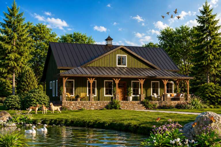 Olive Green Craftsman, Angled Front Elevation, board-and-batten siding, stone base, metal roof, cupola, porch, pond view. House Plan # 3822-00016 Digital Rendering by America's Best House Plans, Inc.