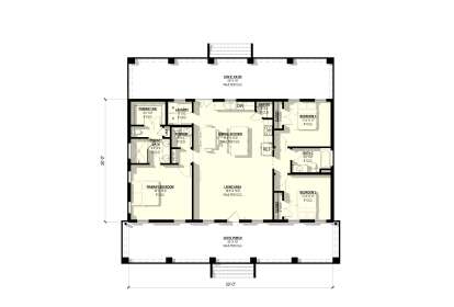 Main Floor: 3BR, 2.5BA, Vaulted Living/Dining/Kitchen, Pantry, Ldry, Primary WIC. Vaulted Cov'd Patio & Porch. 9' ceilings. House Plan # 3822-00016 Main Floor  Floor Plan Drawing by America's Best House Plans, Inc.