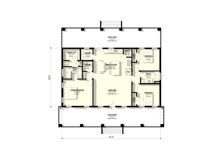 Main Floor: 3BR, 2.5BA, Vaulted Living/Dining/Kitchen, Pantry, Ldry, Primary WIC. Vaulted Cov'd Patio & Porch. 9' ceilings. House Plan # 3822-00016 Main Floor  Floor Plan Drawing by America's Best House Plans, Inc.