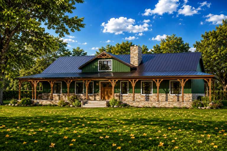 Green Barndominium, Angled Front Elevation, metal roof, stone base, wooden porch brackets, double door, lush lawn. House Plan # 3822-00017 Digital Rendering by America's Best House Plans, Inc.