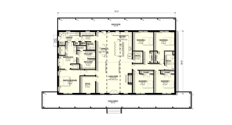 Main Floor: 5BR, 2.5BA, Vaulted Living/Dining/Kitchen, Office, Butler Pantry, Ldry, Mudroom, Fireplace, Cov'd Patio & Porch. House Plan # 3822-00017 Main Floor  Floor Plan Drawing by America's Best House Plans, Inc.