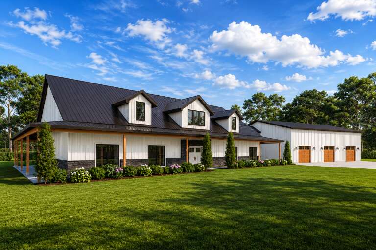 White Barndominium, Angled Front Elevation, vertical siding, stone base, metal roof, wood posts, and manicured lawn. House Plan # 3822-00018 Digital Rendering by America's Best House Plans, Inc.