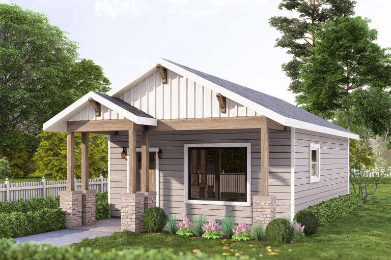 Grey Traditional, Angled Front Elevation, board-and-batten siding, brick base columns, wood posts, and lush landscaping. House Plan # 3822-00019 Digital Rendering by America's Best House Plans, Inc.