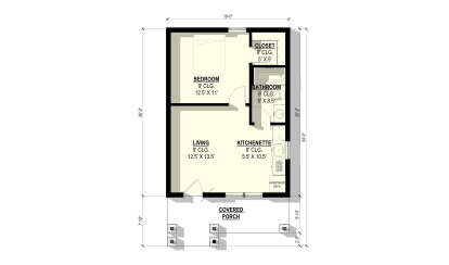 Main Floor: 1BR, 1BA, Living, Kitchenette, Closet, 9' ceilings, Covered Porch. Unheated: Covered Porch area. House Plan # 3822-00019 Main Floor  Floor Plan Drawing by America's Best House Plans, Inc.