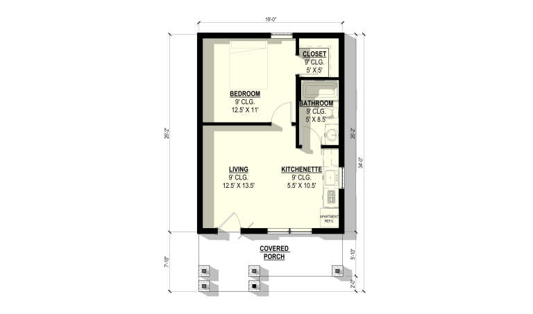 Main Floor: 1BR, 1BA, Living, Kitchenette, Closet, 9' ceilings, Covered Porch. Unheated: Covered Porch area. House Plan # 3822-00019 Main Floor  Floor Plan Drawing by America's Best House Plans, Inc.