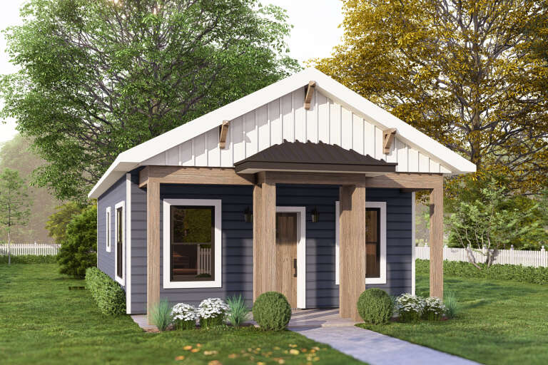 Blue Craftsman, Angled Front Elevation, board-and-batten siding, wood porch posts, metal roof, and manicured landscaping. House Plan # 3822-00020 Digital Rendering by America's Best House Plans, Inc.