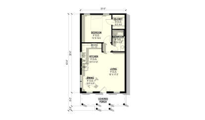 Main Floor: 1BR, 1BA, Kitchen, Dining, Living, Closet. 9' ceilings throughout. Covered porch. House Plan # 3822-00020 Main Floor  Floor Plan Drawing by America's Best House Plans, Inc.