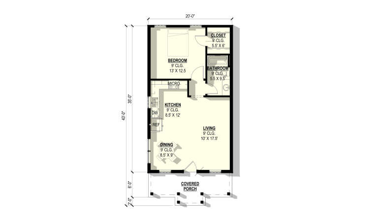 Main Floor: 1BR, 1BA, Kitchen, Dining, Living, Closet. 9' ceilings throughout. Covered porch. House Plan # 3822-00020 Main Floor  Floor Plan Drawing by America's Best House Plans, Inc.