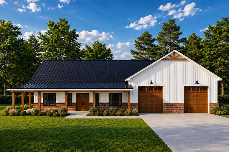 White Barndominium, Front Elevation with black metal roof, brick base, wood accents, garage doors, and lush landscaping. House Plan # 3822-00021 Digital Rendering by America's Best House Plans, Inc.