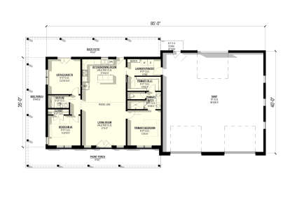 Main Floor: 2BR, 2BA, Vaulted Living & Kitchen/Dining, Office, Ldry/Pantry, WIC, Shop, Front/Side Porches, Back Patio, Stoop. House Plan # 3822-00021 Main Floor  Floor Plan Drawing by America's Best House Plans, Inc.