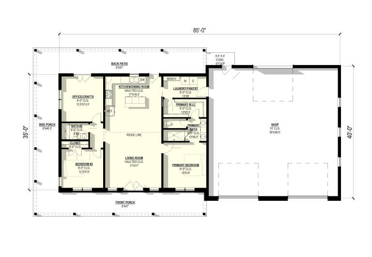 Main Floor: 2BR, 2BA, Vaulted Living & Kitchen/Dining, Office, Ldry/Pantry, WIC, Shop, Front/Side Porches, Back Patio, Stoop. House Plan # 3822-00021 Main Floor  Floor Plan Drawing by America's Best House Plans, Inc.